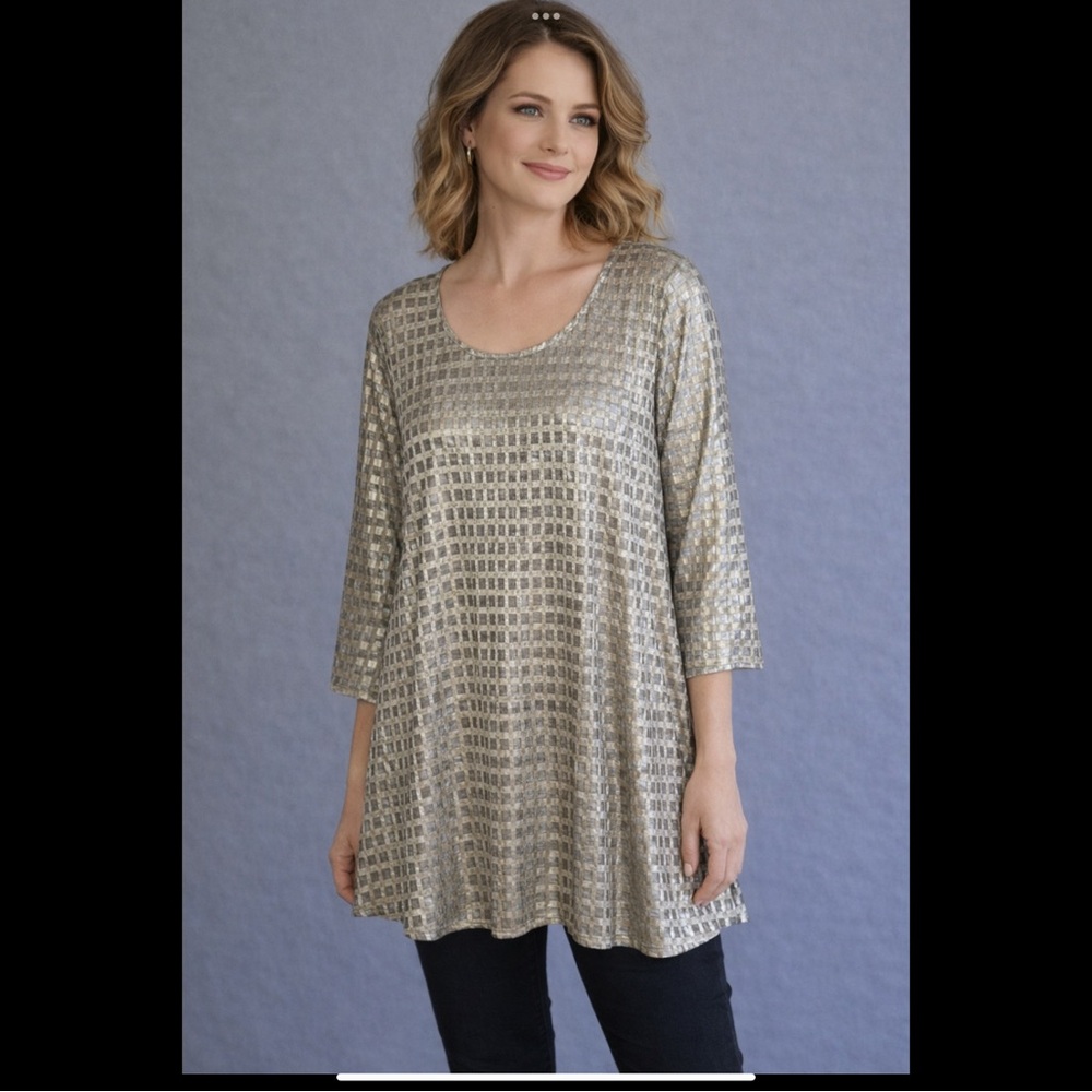 Grace Elements Ladies M Gold/Silver Satiny Metallic Checkered Tunic 3/4 Sleeves